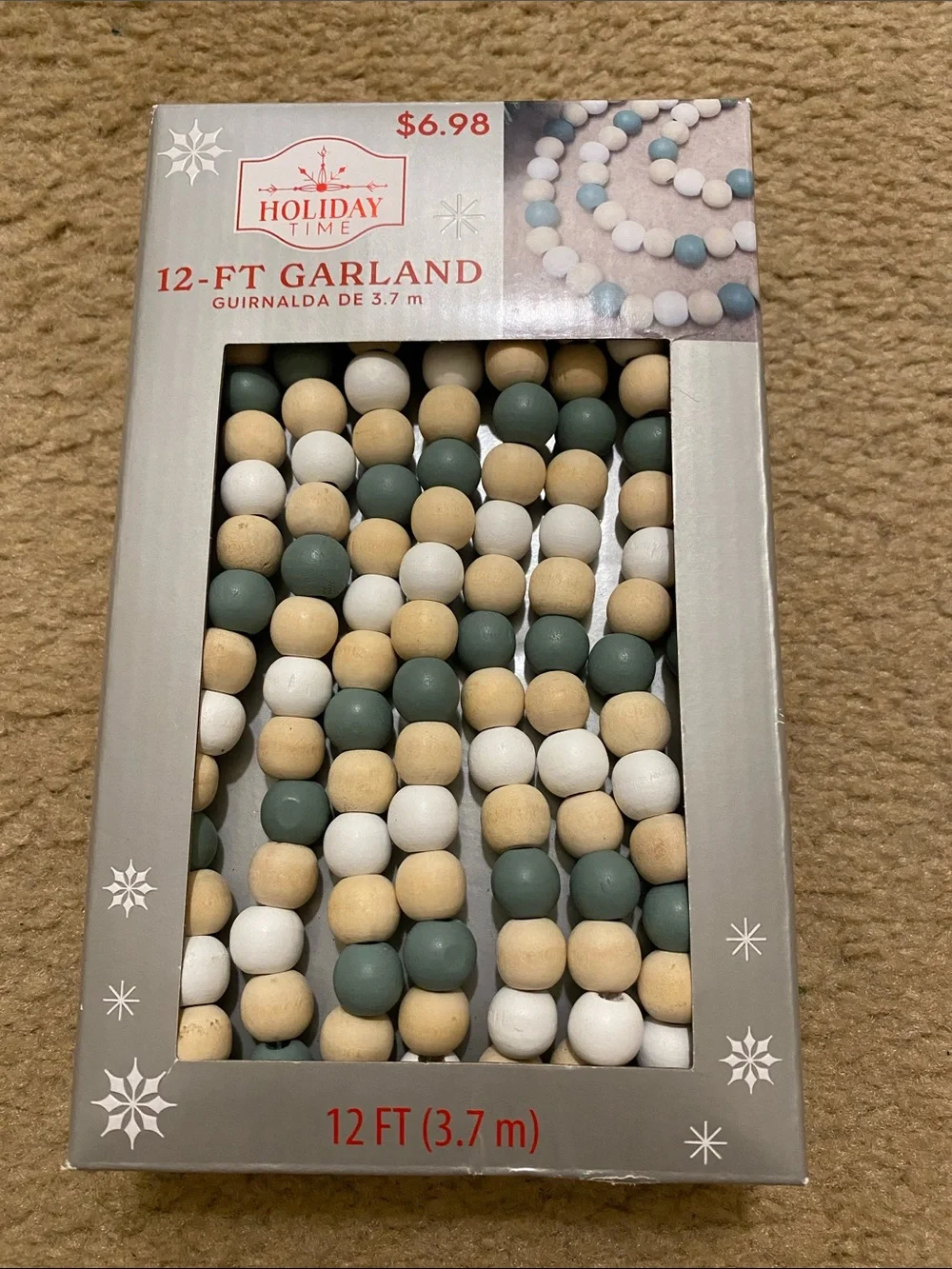 Holiday Time Bead Garland in White, Cream & Sage Green - 12 feet long